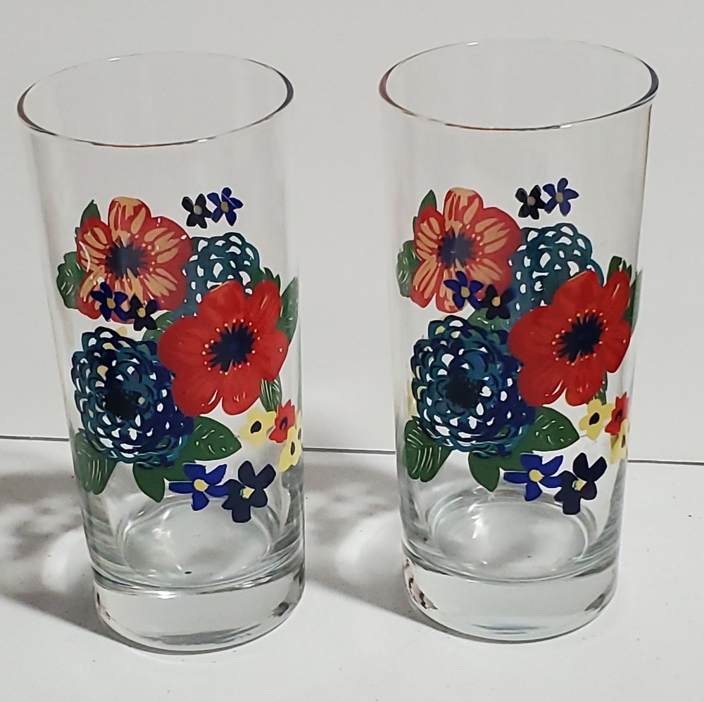 Pioneer Woman Dancing Dahlias Glasses Red & Blue Floral Tumblers 16 Oz Set of 2